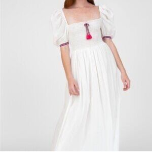 Pitusa Peruvian Cotton Taylor Maxi Dress Size S White Pink Tassels Milk-Maid